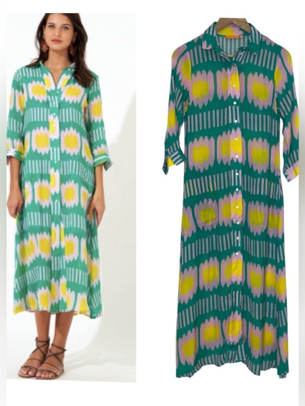 Oliphant Ikat Cotton Maxi Shirt Dress XS Green Pink